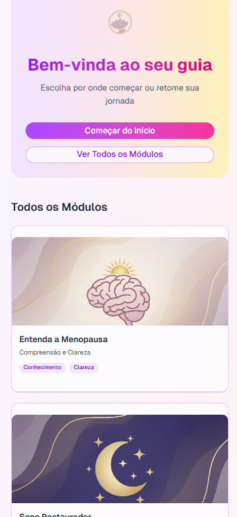 Interface mobile do aplicativo mostrando módulos como Entenda a Menopausa e Sono Restaurador